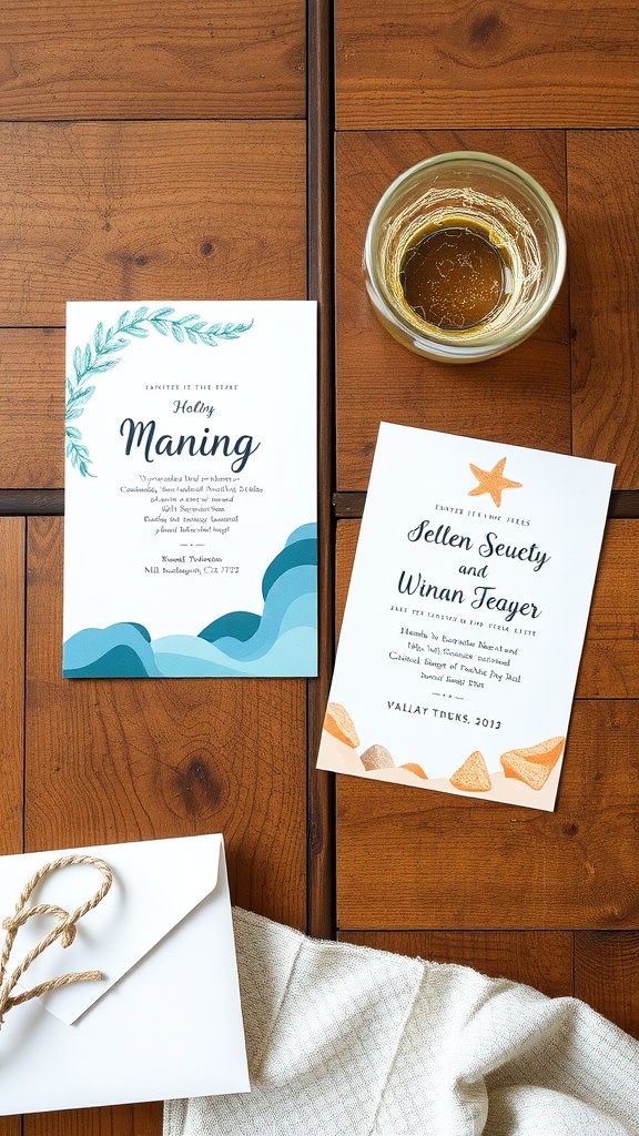 Two ocean-inspired wedding invitations on a wooden table, one with waves and one with a starfish, alongside a glass.
