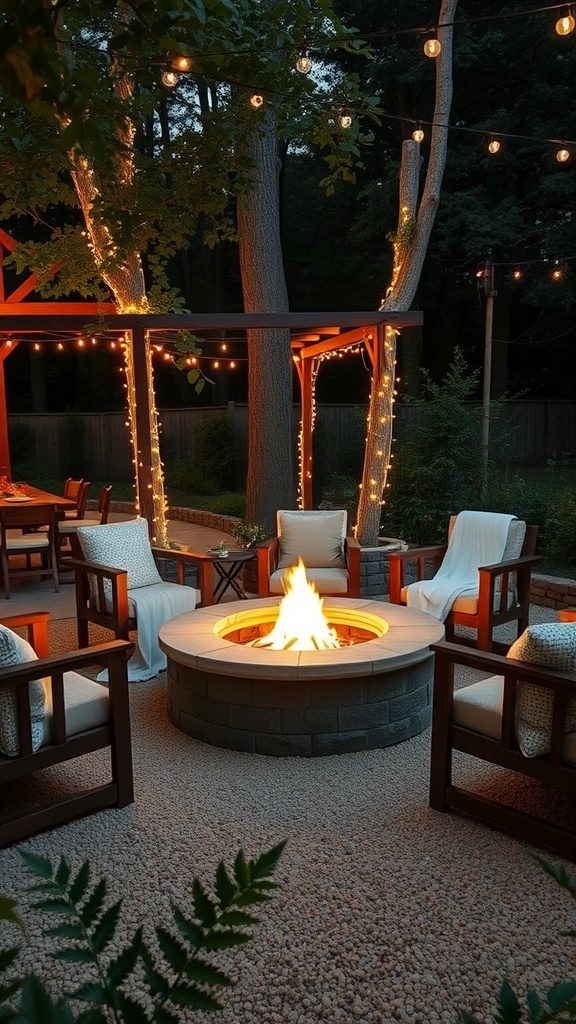 Cozy outdoor fire pit area with seating and string lights