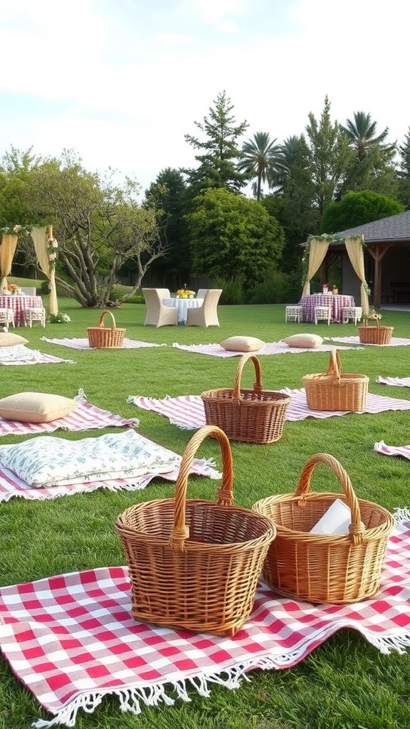 A picturesque outdoor picnic setup for a wedding reception, featuring blankets, cushions, and wicker baskets on grass.