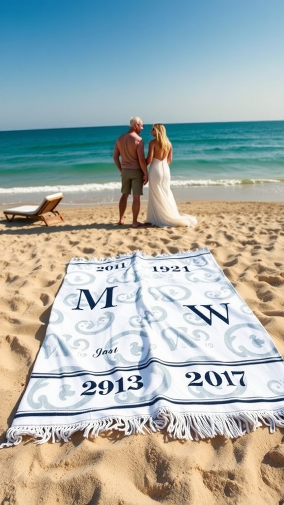 Personalized beach towel on the sand with a couple in the background