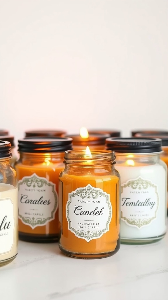 A collection of personalized candle jars with various colors and labels.
