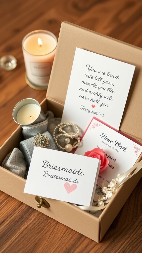 A beautifully arranged gift box containing a card, jewelry, and a candle, perfect for a bridesmaids proposal.