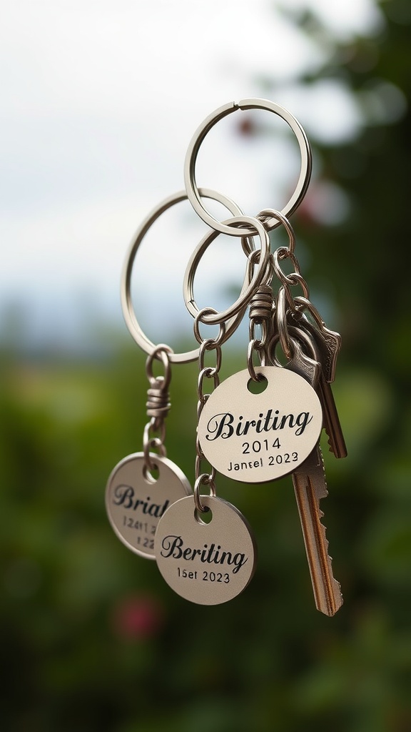 A close-up of personalized keychains with names and dates engraved on them.