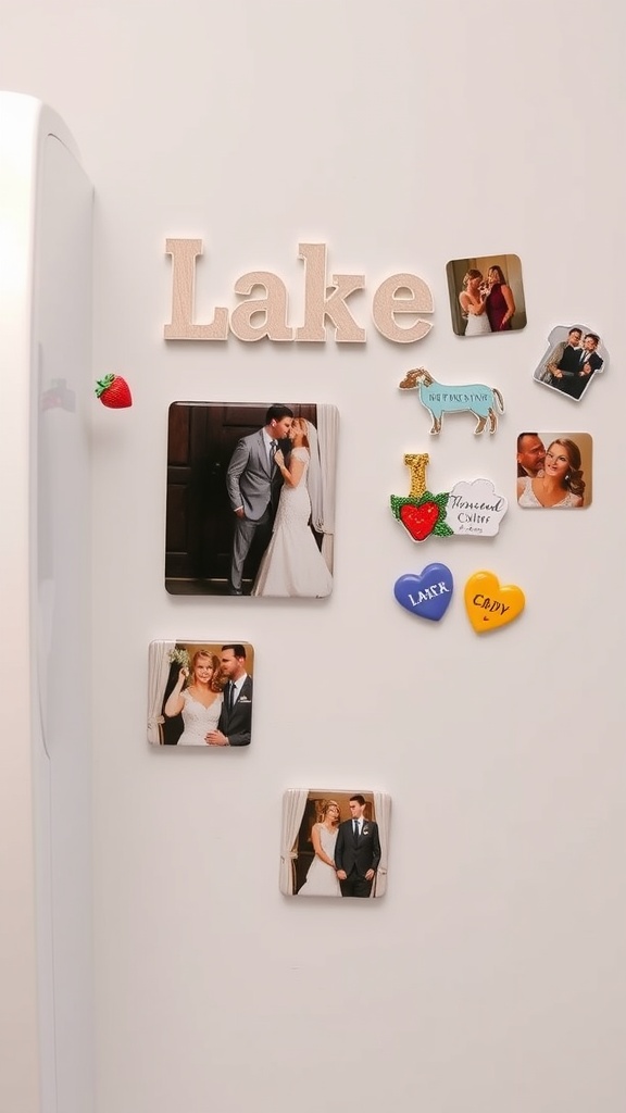 A collection of personalized magnets displayed on a fridge, featuring wedding photos and colorful designs.