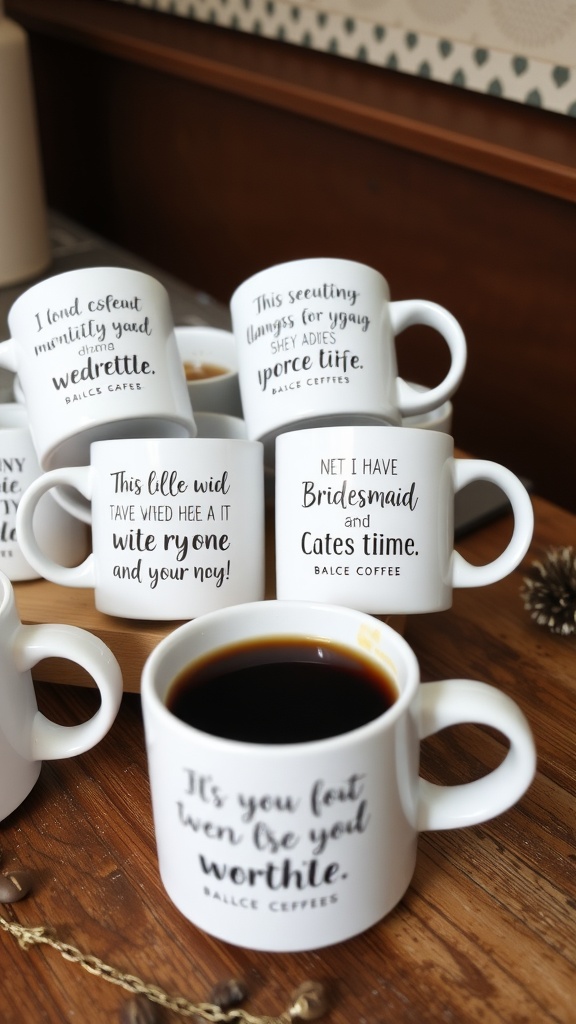 A collection of personalized mugs with fun and heartfelt messages for bridesmaids.