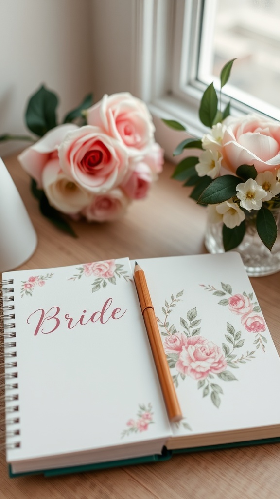 A beautifully designed notebook with 'Bride' written on it, placed next to pink flowers.