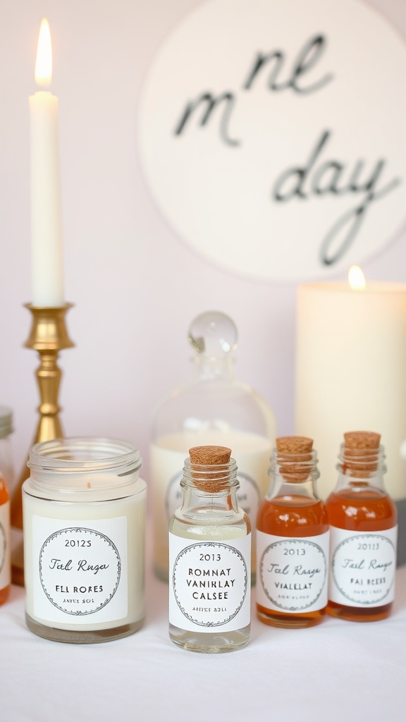 Personalized party favors including candles and mini bottles on a table for a bridal shower.