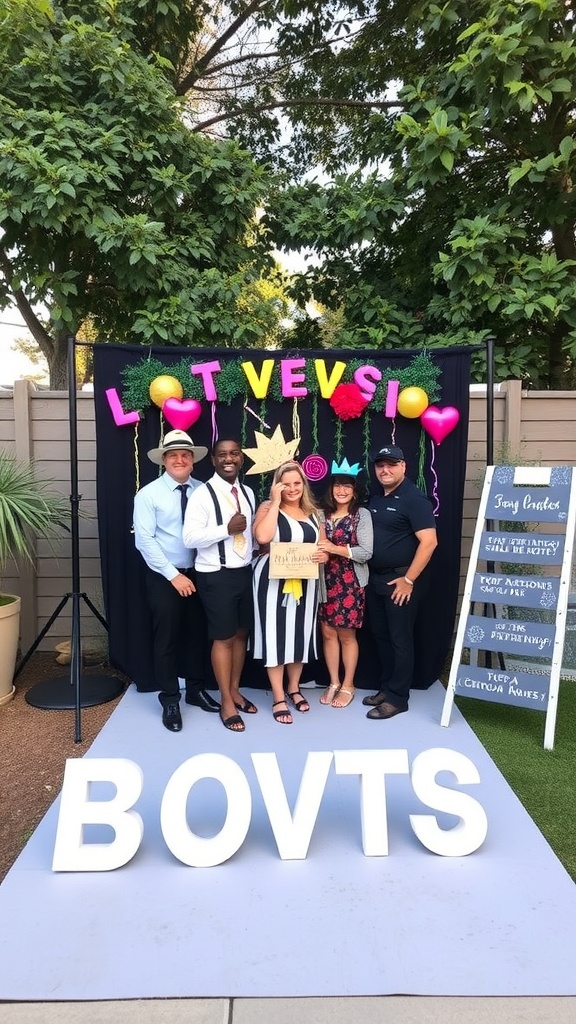 A colorful photo booth setup for a backyard wedding with guests posing and playful decorations.