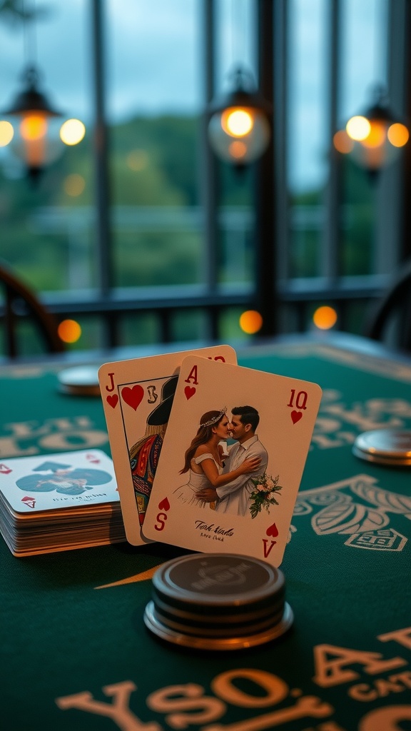 A close-up of playing cards on a green table, featuring illustrations of a couple and a colorful design.