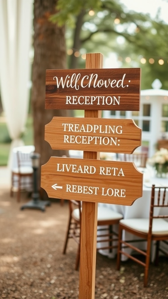 Wooden signpost with directions for wedding reception areas