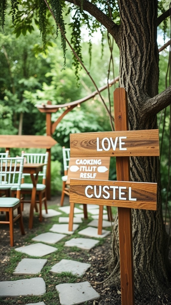Personalized wooden signs at a backyard wedding showing the words 'LOVE' and 'CUSTEL'