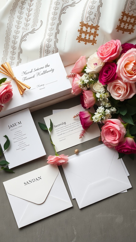 A collection of elegant personalized stationery sets with envelopes, a bouquet of roses, and a decorative ribbon.