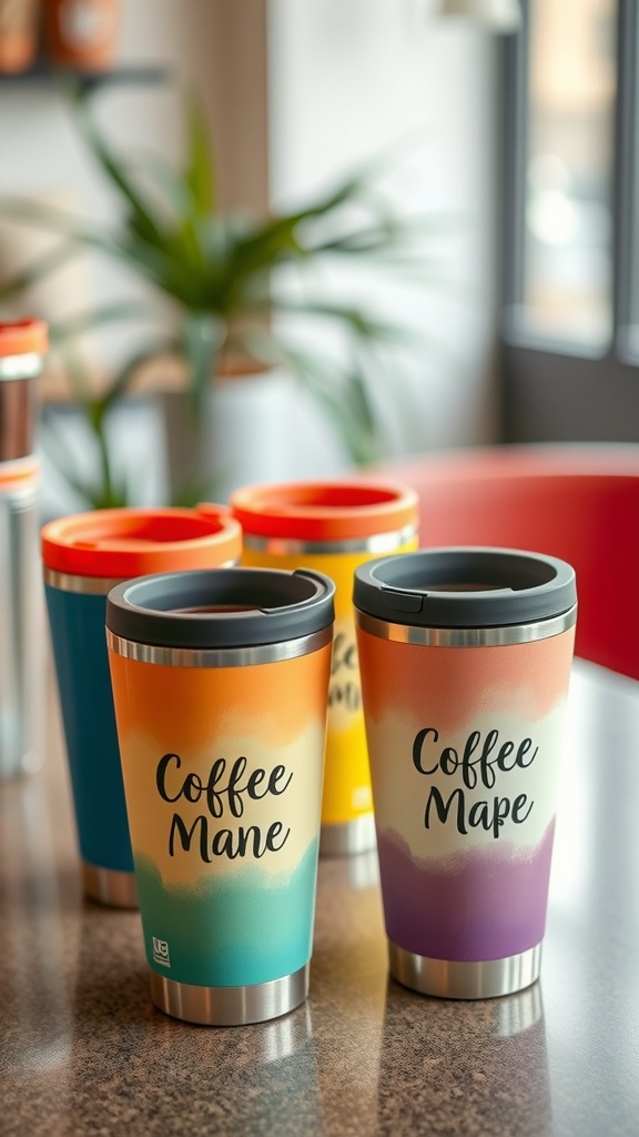 Colorful personalized travel mugs on a table