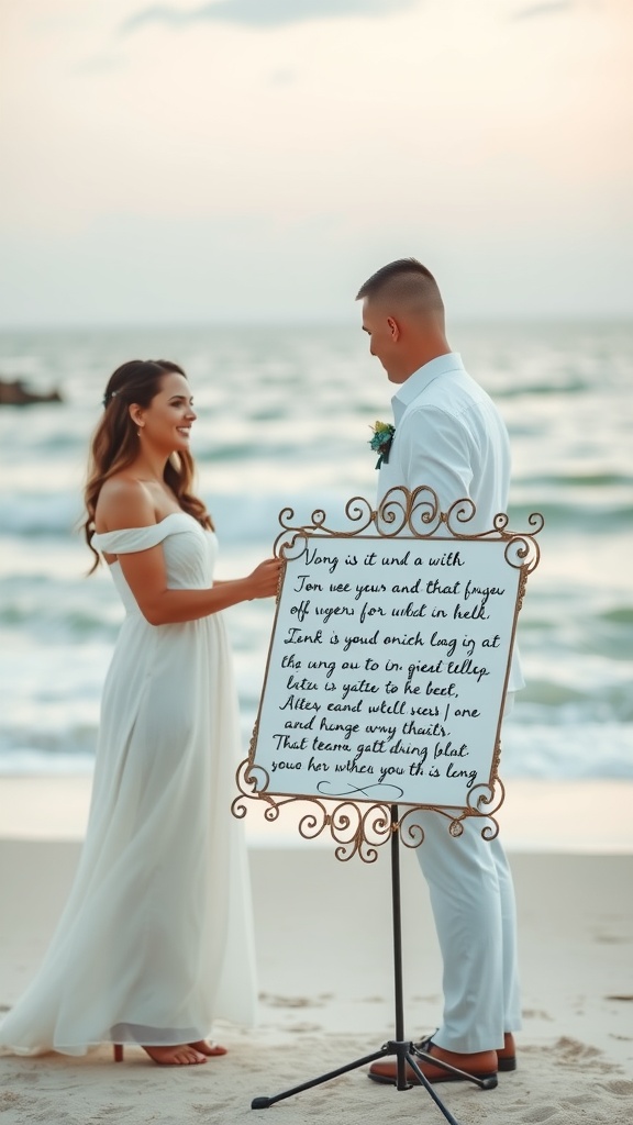 A couple exchanging vows on a beach during their wedding ceremony, with a decorative sign displaying their vows.