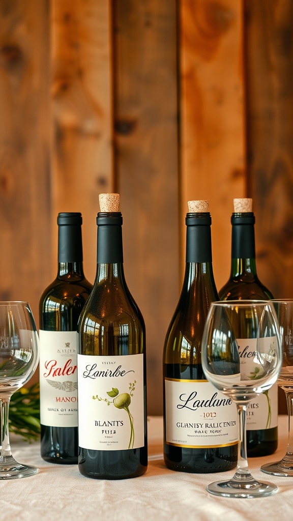 A display of personalized wine bottles with elegant labels and glasses.