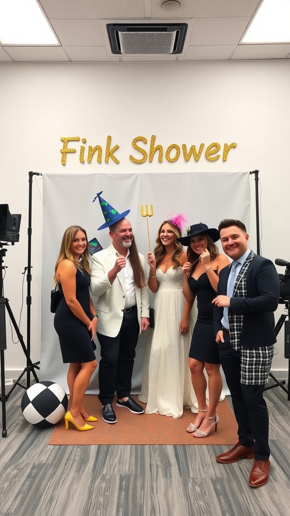 Group of friends posing in a photo booth at a bridal shower
