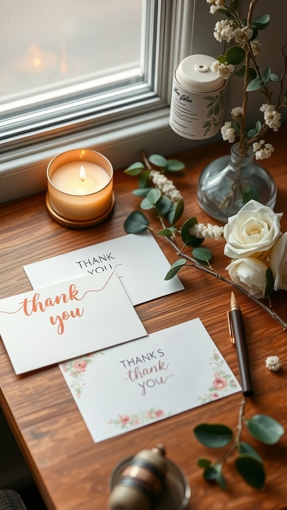 Thank you cards, a candle, and flowers on a wooden table, creating a cozy atmosphere.