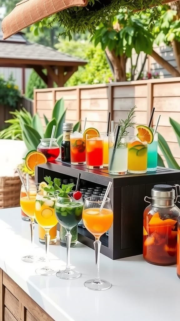 A colorful outdoor beverage bar with various cocktails and mocktails, beautifully arranged.