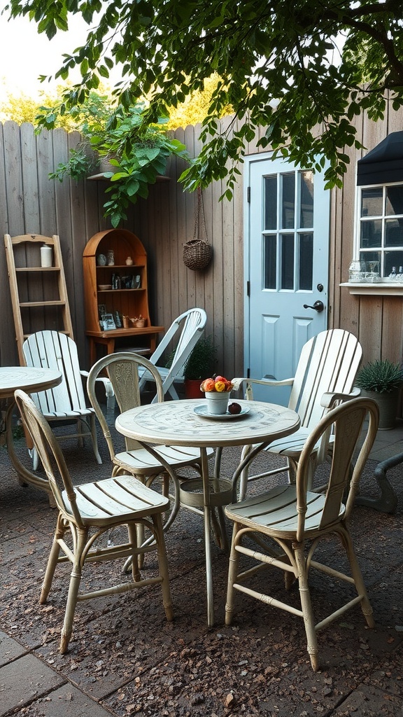 A cozy outdoor wedding setup with repurposed furniture, featuring vintage-style chairs and a round table with a fruit centerpiece.