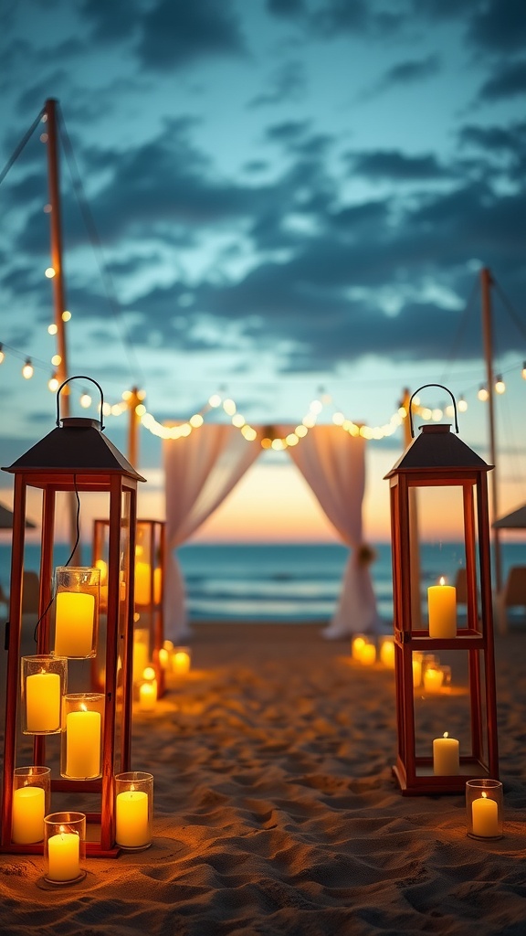 Lanterns with candles on the beach at sunset, creating a warm, rustic atmosphere for a wedding.