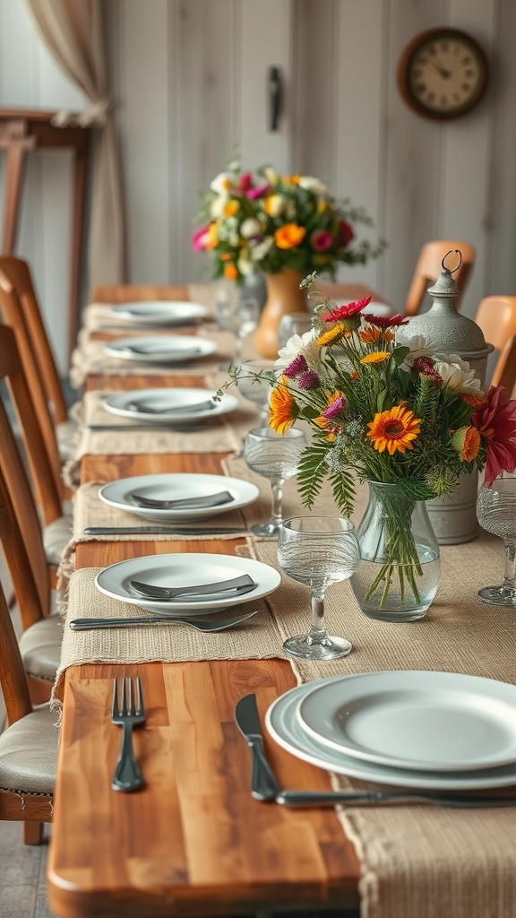 A rustic wedding table setting with floral arrangements, burlap runners, and simple dishware.
