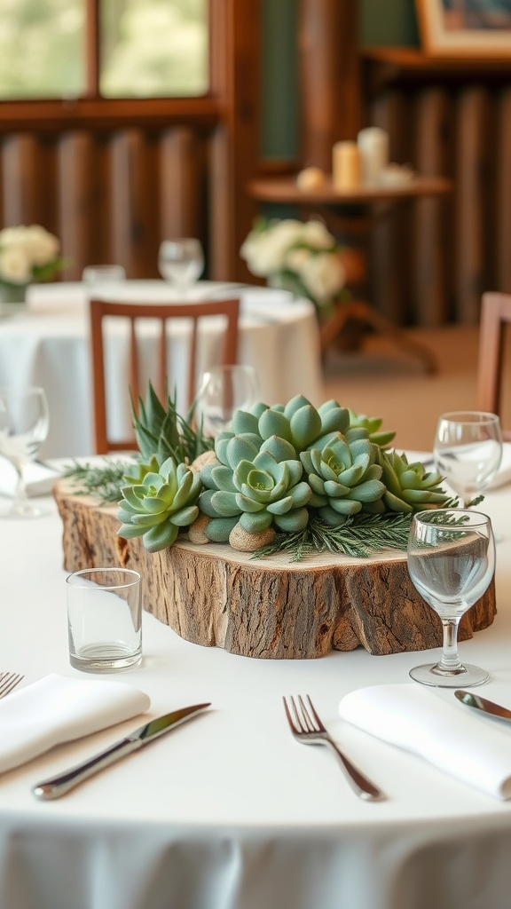 Rustic wooden centerpiece featuring succulents on a wedding table