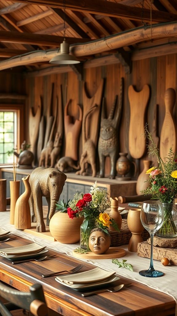 A wooden table set with decorative rustic pieces, featuring carved animals and flower arrangements.