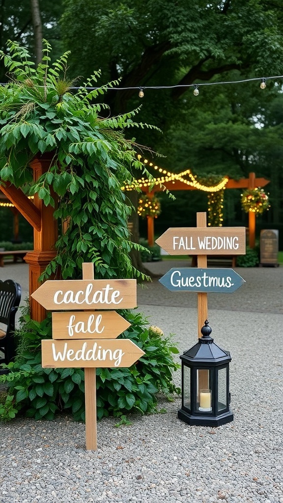 Rustic wooden signage with directions for a fall wedding.
