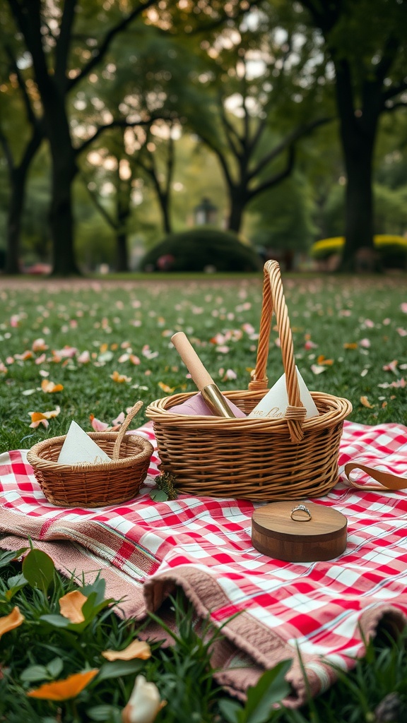 A picnic setup with a basket, blanket, and a ring in a scenic park.