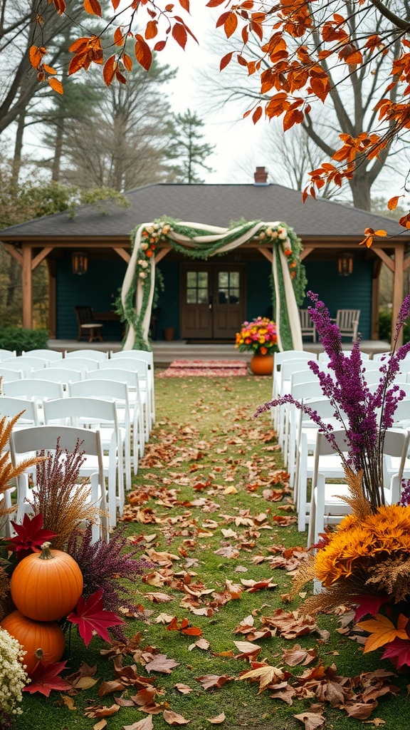A picturesque backyard wedding setup in autumn with white chairs, fall leaves, pumpkins, and colorful flowers.