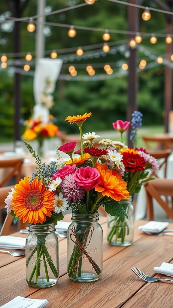 Vibrant seasonal flower arrangements in mason jars on a wooden table with string lights in the background