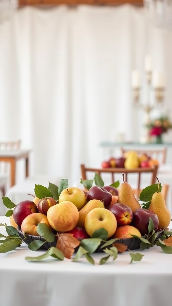 A rustic table centerpiece featuring a variety of seasonal fruits including apples and pears, surrounded by green leaves.