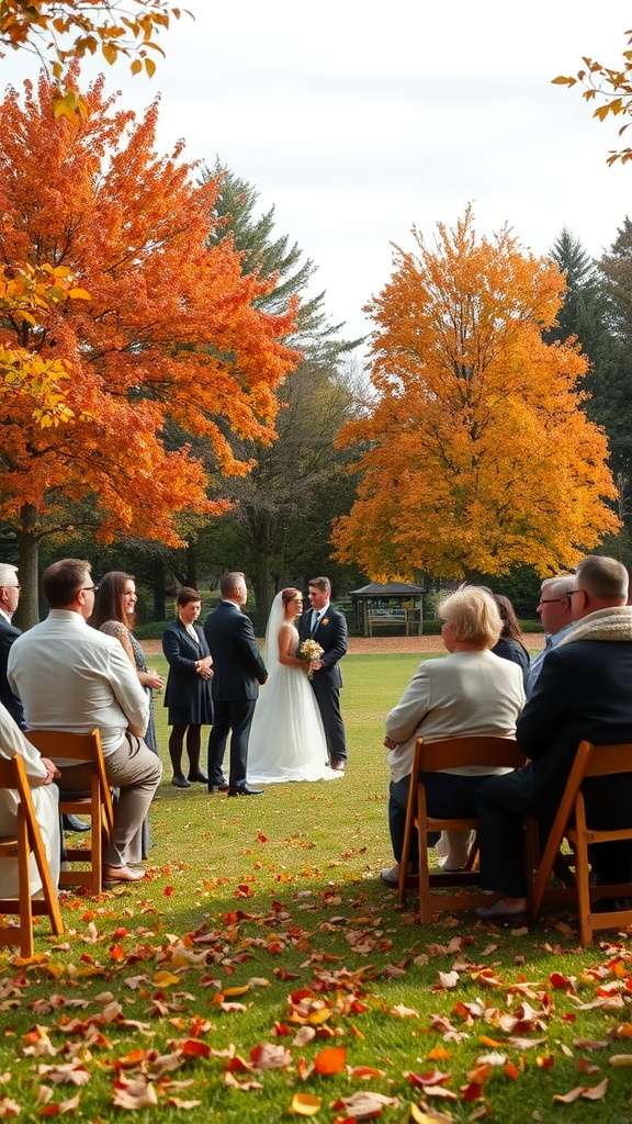 An outdoor wedding ceremony with guests seated and colorful autumn trees in the background