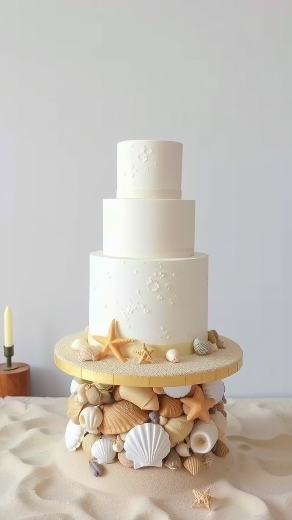 A beach-themed cake stand made of shells and sand, featuring a three-tier white cake on top.