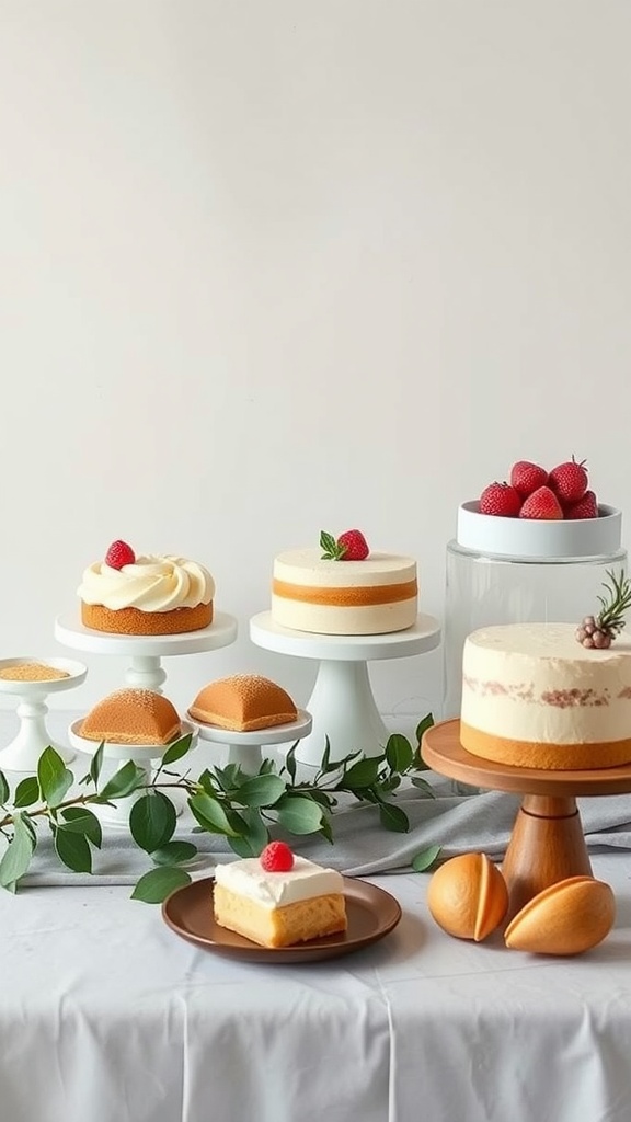 A variety of simple cakes displayed on pedestals with fresh fruits and greenery.