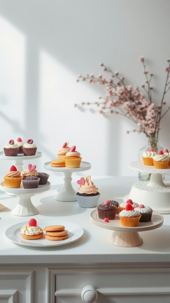 A beautifully arranged dessert bar featuring cupcakes and cookies on white pedestals with flowers in the background.