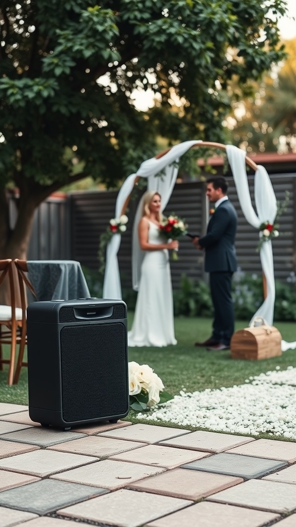 A portable speaker set up at a backyard wedding ceremony with a couple exchanging vows in the background