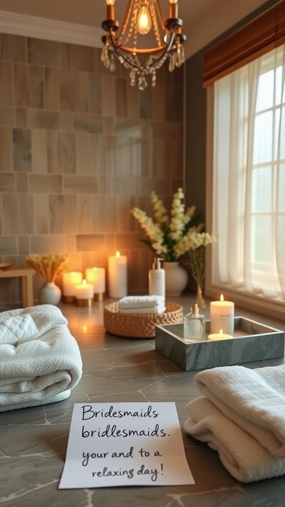 A serene spa setting with towels, candles, and a handwritten note inviting bridesmaids to a relaxing day.