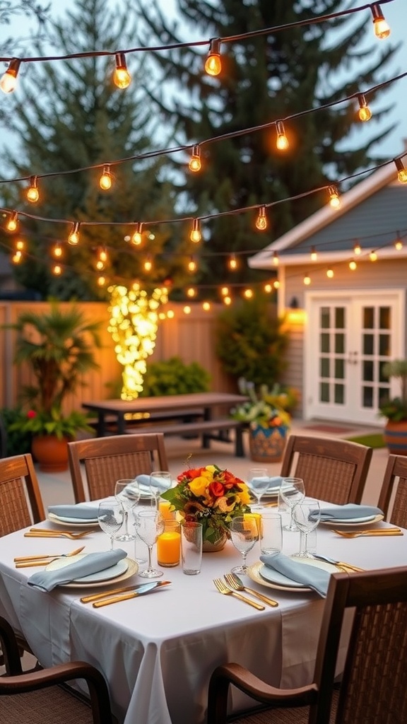 Backyard wedding table with string lights overhead, creating a cozy atmosphere.