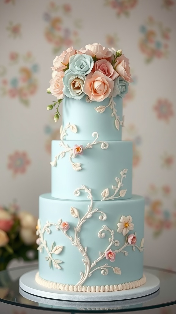 A three-tiered baby blue cake adorned with pink and blue roses, featuring delicate floral designs.