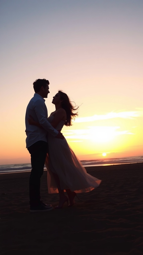 Couple silhouetted against a sunset on the beach during a photo session.