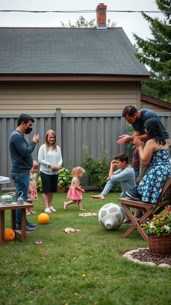 A family gathering in a backyard with members applauding and celebrating.