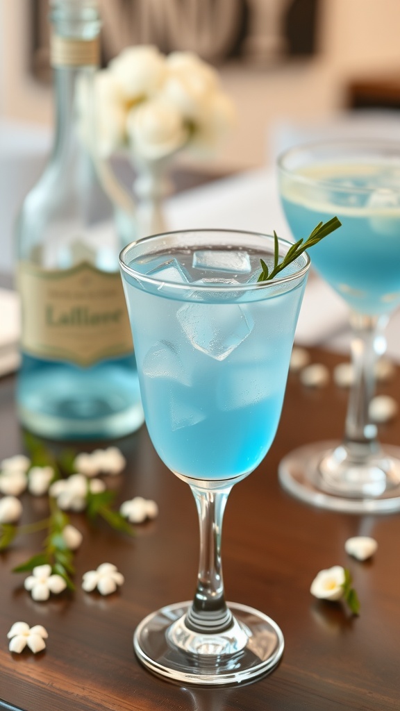 A refreshing baby blue cocktail in a glass with ice, garnished with a sprig of rosemary, surrounded by flowers and a bottle in the background.