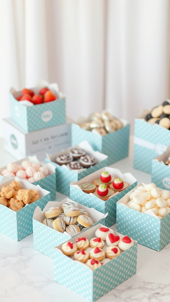 Custom boxes filled with various sweet treats for a bridal shower party favor.
