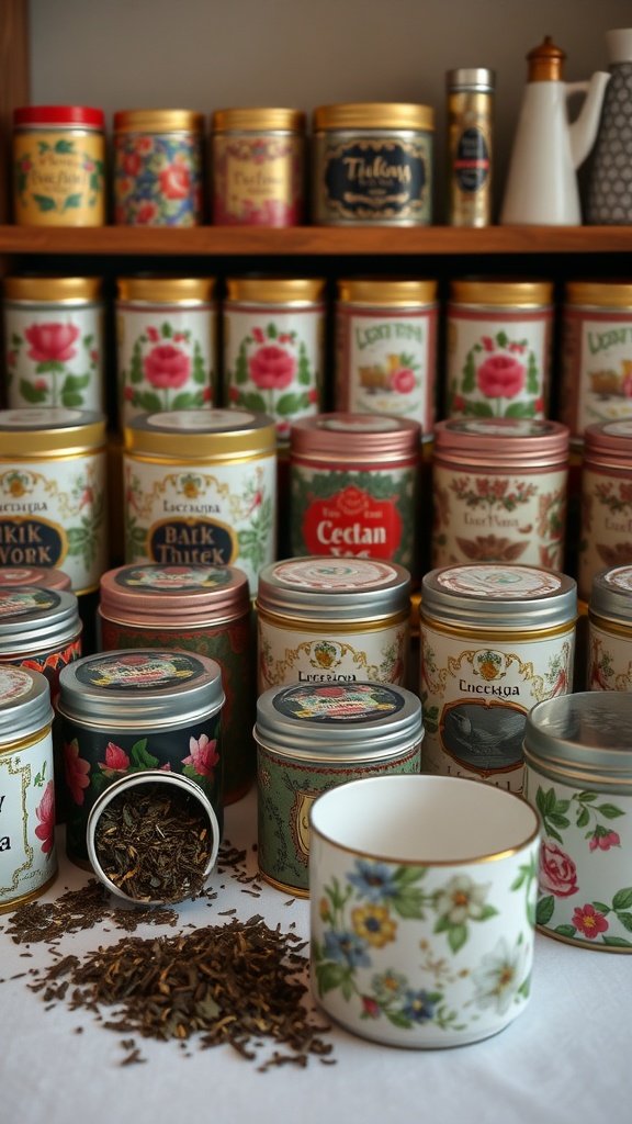 A collection of decorative tins filled with various tea blends