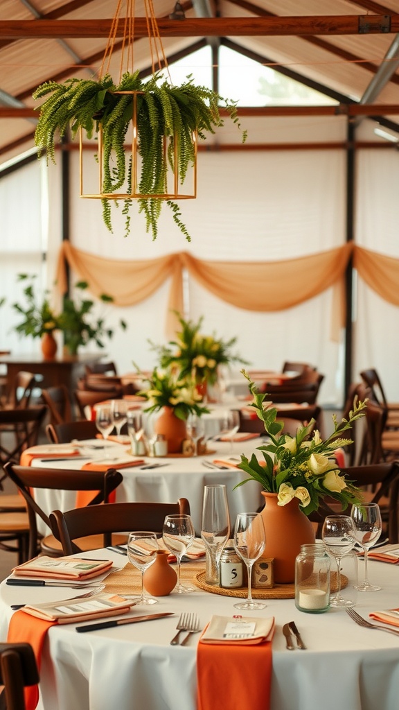 A beautifully decorated wedding table featuring terracotta vases, greenery, and soft orange accents.