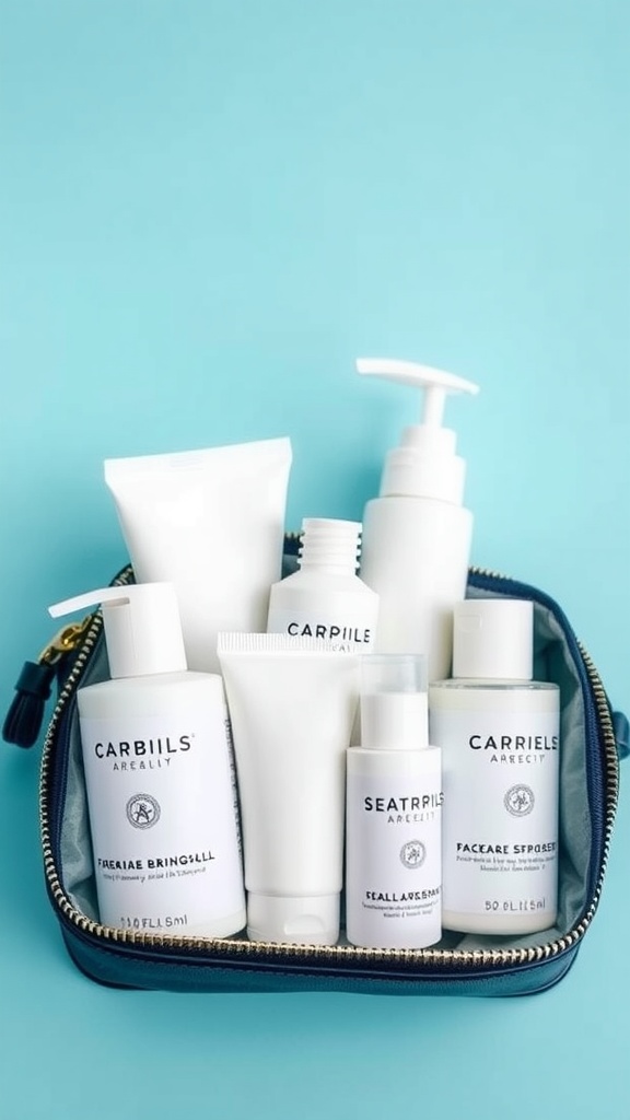 A collection of travel-sized toiletries in a blue bag.