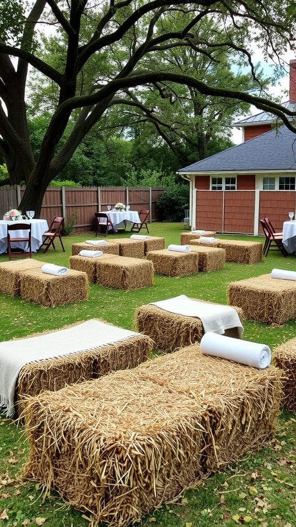 Backyard wedding reception seating made from straw bales with blankets and pillows