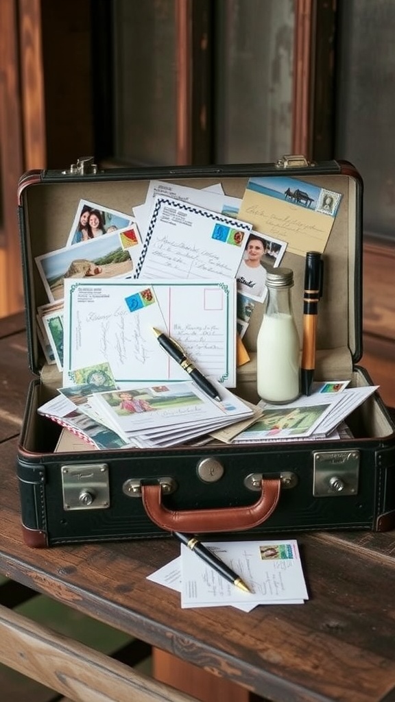 A vintage suitcase filled with postcards and a pen, ready for guests to write messages.