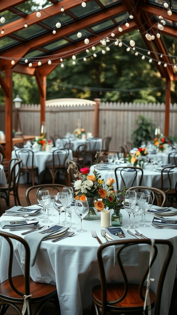 A beautifully decorated backyard wedding reception table featuring vintage tableware and colorful floral centerpieces.